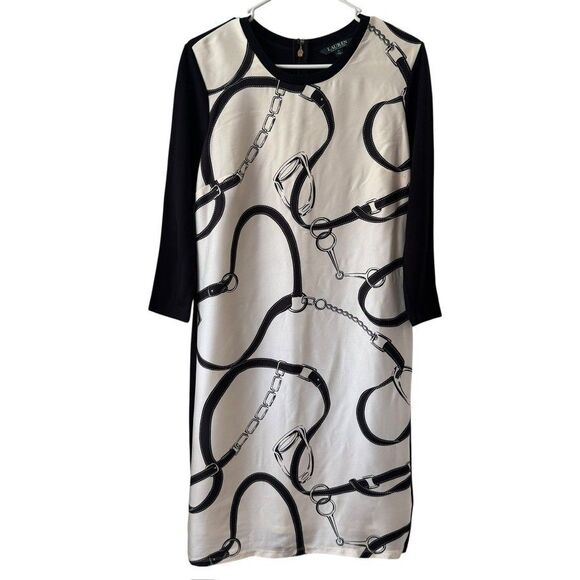 RALPH LAUREN Sz MEDIUM Equestrian Knee Length Shirt dress 3/4 Sleeve Ivory Black - Picture 3 of 14